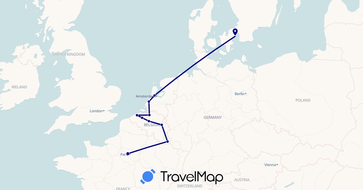 TravelMap itinerary: driving in Belgium, Denmark, France, Luxembourg, Netherlands (Europe)